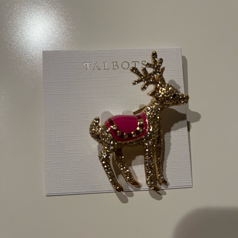 Talbots Gold Tone Pink Enamel Pave Rhinestone Reindeer Christmas Brooch Pin